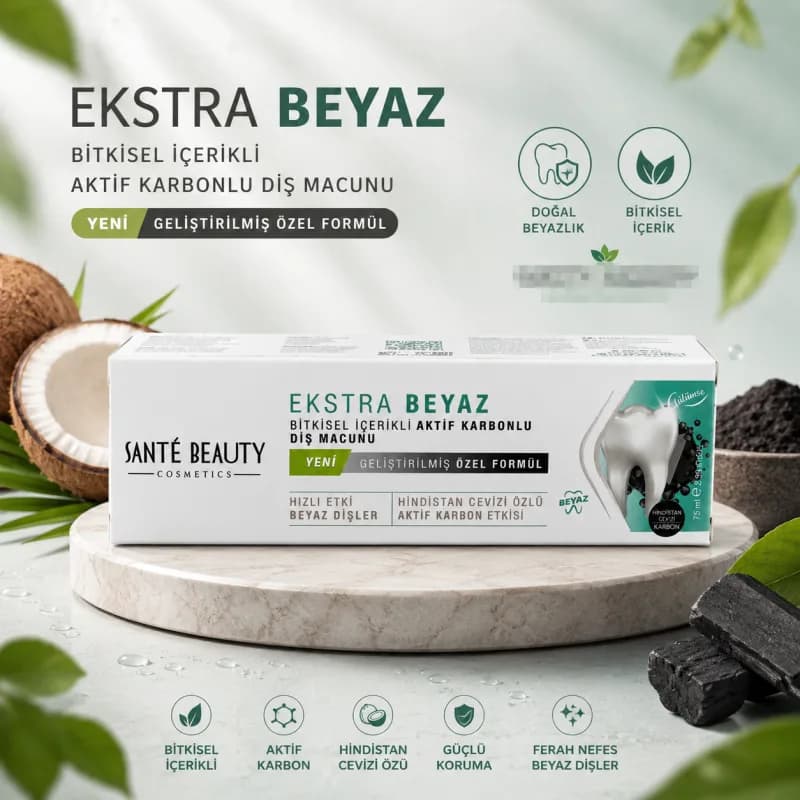 SANTE BEAUTY Doğal Hindistan Cevizi Özlü & Aktif Karbonlu Leke & Plak Karşıtı Beyazlatıcı Diş Macunu 75 ml